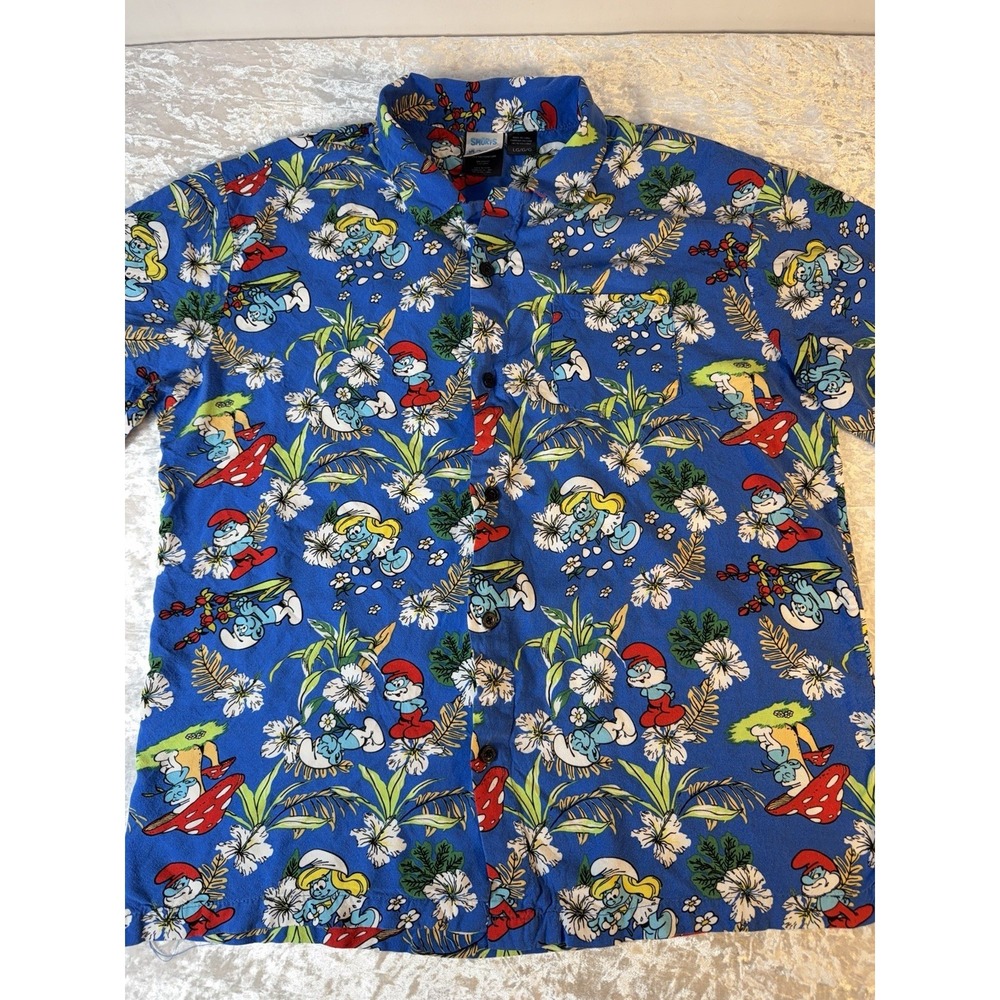 Smurfs Hawaiian Camp Shirt‎ Blue Tropical Rayon Button Front Large LG